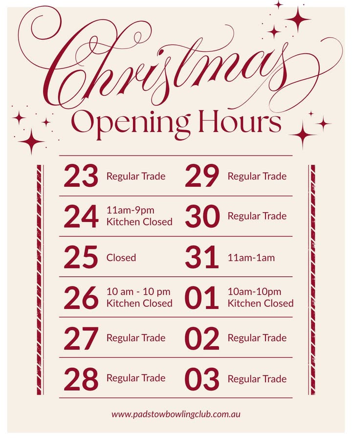 Featured image for “Christmas Opening Hours at Padstow Bowling Club”