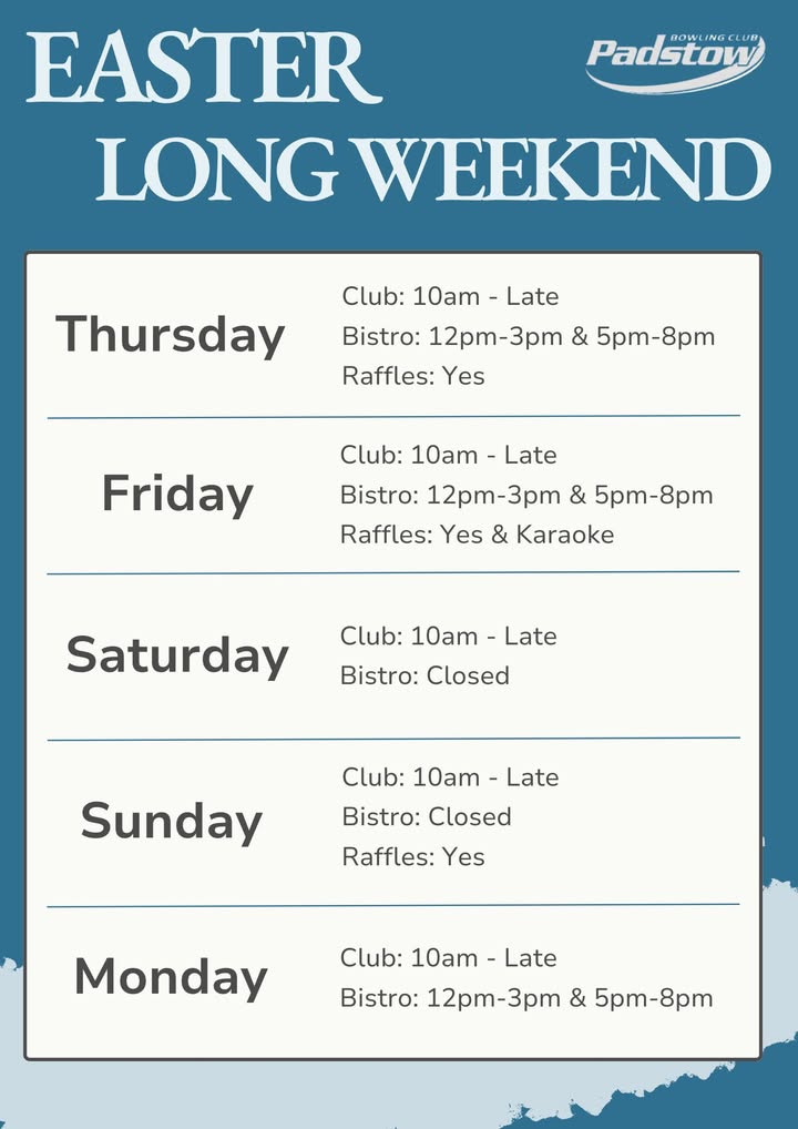 Featured image for “Easter Long Weekend Hours at Padstow Bowling Club”
