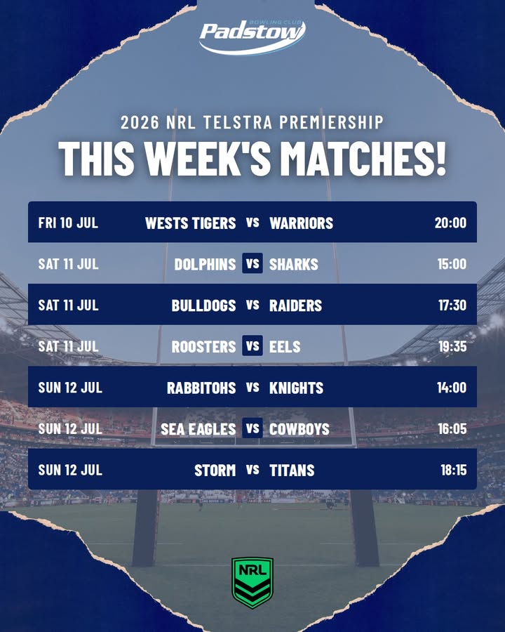 Featured image for “2026 NRL Telstra Premiership This Week’s Matches at Padstow Bowling Club”