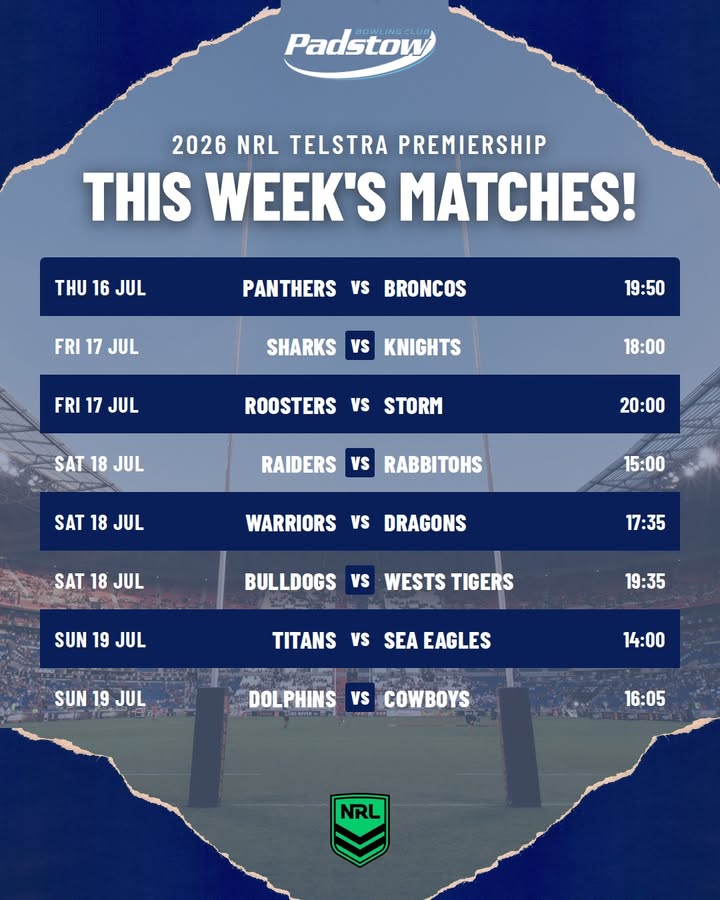 Featured image for “2026 NRL Telstra Premiership This Week at Padstow Bowling Club”