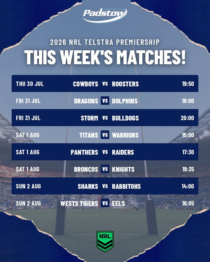 Featured image for “2026 NRL Telstra Premiership This Week’s Matches at Padstow Bowling Club”
